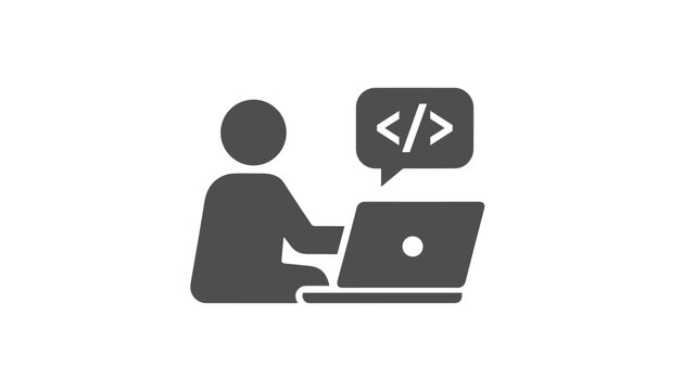 Solid grey programmer icon representing a person coding on a laptop with a software code speech bubble.