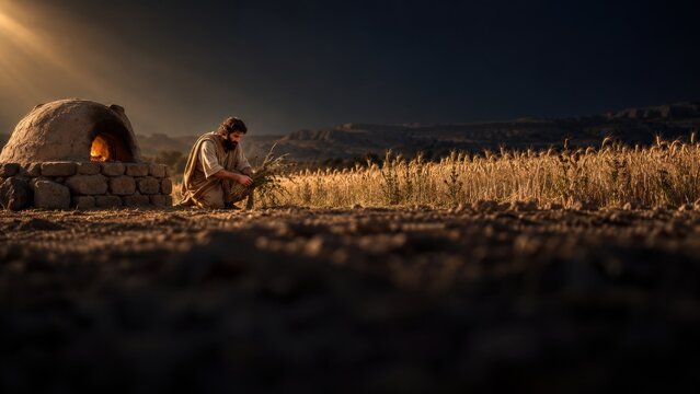 Bearded man gathering wheat beside a stone bread oven in a field. Parable of the weeds and wheat. Biblical harvest, judgment and spiritual discernment. Scripture-inspired storytelling.