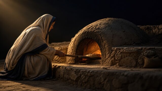 Veiled woman placing bread in a Pompeian oven. Ancient bread baking over fire. Gospel parables of wheat and tares. Biblical daily life and scripture. Traditional food preparation.