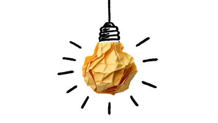 Crumpled yellow paper lightbulb with sketched rays, isolated on transparent background © xing