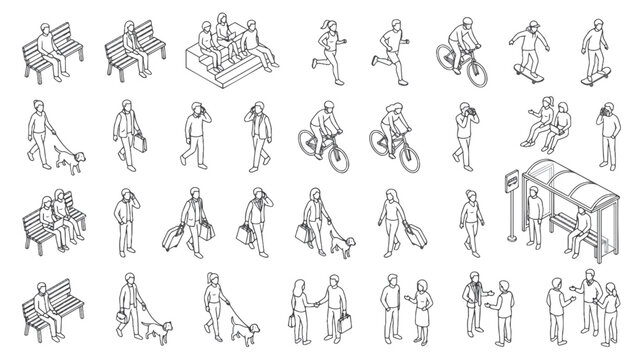 Isometric Joggers, Cyclists, Dog Walkers and Bench Sitters in Public Park Line Art Set for Active Lifestyle Campaigns, Health Promotion, Urban Recreation Maps and Eco City Initiatives