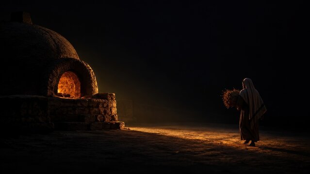 Robe-clad figure carries a bundle toward a Pompeian brick oven. Parable of the weeds and harvest judgment. Biblical teaching about wheat, tares and burning. Ancient bread baking