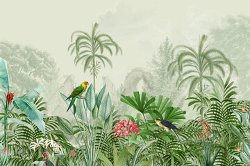Vintage tropical jungle wallpaper mural with parrots, exotic birds, palm trees and ancient ruins © R_STOCK