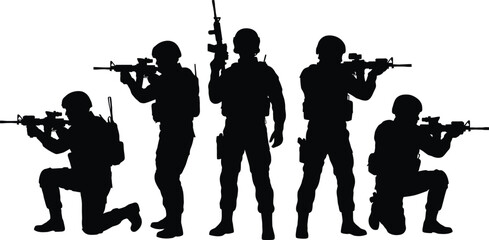 Obraz premium Silhouette of armed soldiers in combat formation against a white background