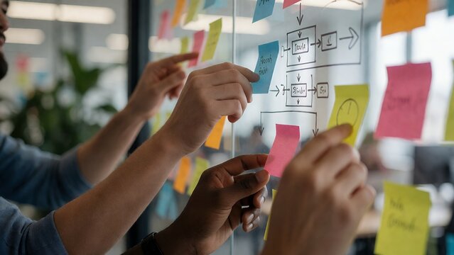 Diverse Business Team Hands Placing Colorful Sticky Notes on Glass Wall to Create Strategic Workflow Diagram and Collaborative Project Management Plan in Modern Office Setting