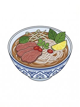 Vietnamese Pho Bo Beef Noodle Soup Bowl Vector Illustration
