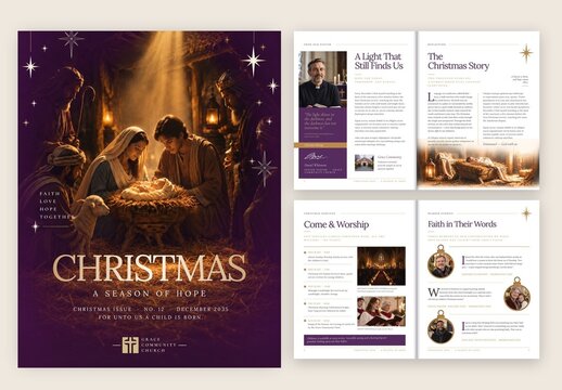 Christmas Church Magazine Template, Christian Bulletin, Parish Newsletter & Ministry Booklet Layout with Nativity and Advent Themes