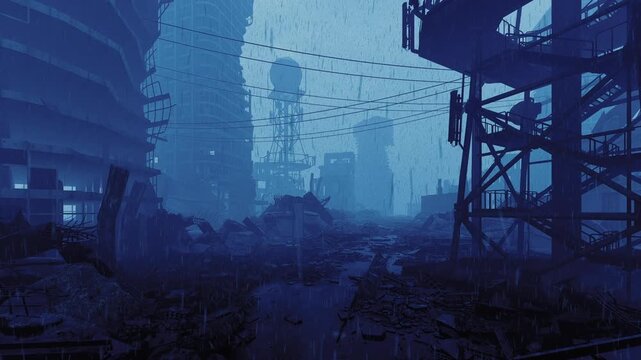 Acid rain in the ruined city.  An animation on the theme of war and destruction.	