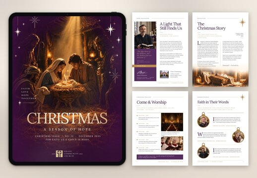 Christmas Digital Magazine Template, Church Brochure, Christian Newsletter & Bulletin with Nativity and Advent Themes