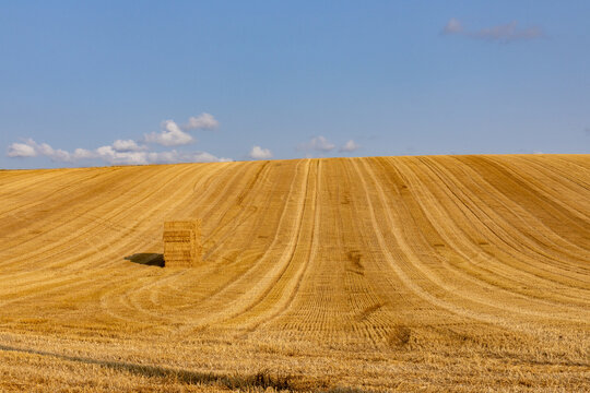 Single hay bale on a sweeping golden harvested wheat field under blue sky, France