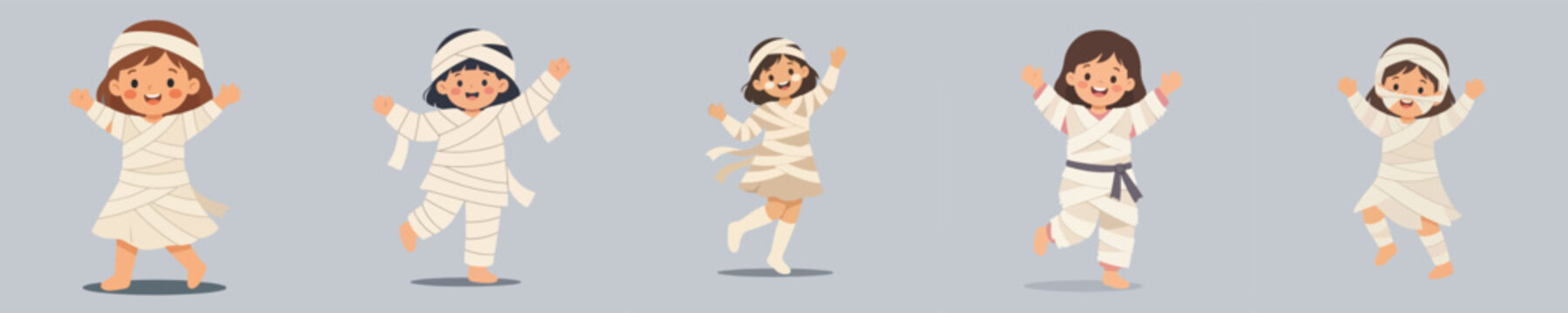 Flat vector illustration of a little girl in a Halloween mummy costume dancing happily