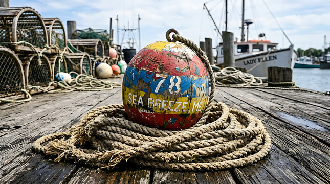 Weathered lobster buoy sitting on a coiled rope on a wooden dock with fishing gear in the background