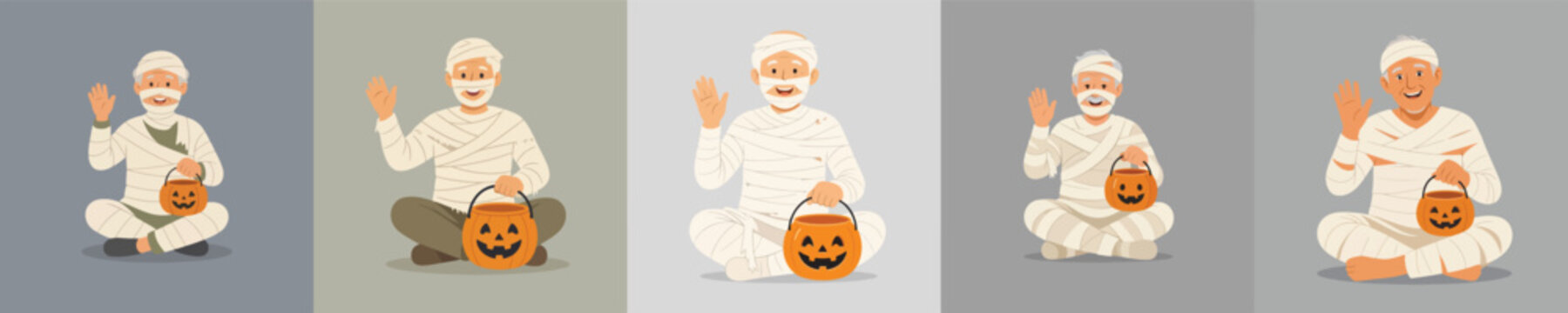 Flat vector illustration of a grandpa in a Halloween mummy costume sitting on the floor and waving hand