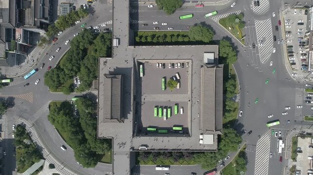 Raw footage of Aerial drone view of ancient city wall in Xian. Xian in China panorama from drone. Xian old town in China Asia. Fortifications of Xian City Wall.