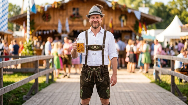 Happy man in traditional Bavarian attire holding beer mug at vibrant festival. Festive celebration features joyful atmosphere with people enjoying activities in background.