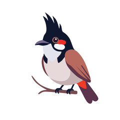 Obraz premium Colorful tilang bird illustration with a dark crest, white breast, brown wings, and red feathers, perched on a branch and isolated on white background for nature design icons