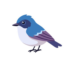 Fototapeta premium Blue bird illustration with soft blue, white, and purple feathers perched on a branch, isolated on white background, ideal for wildlife, nature, education, and design graphic