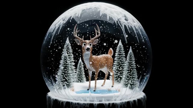 Enchanting Winter Wonderland: Captivating Deer Amidst a Snow Globe Forest Animated Scene