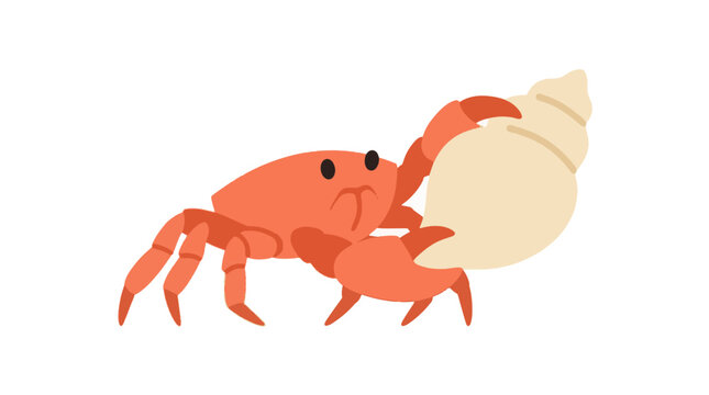 Cute orange hermit crab carrying a large seashell vector illustration, isolated on a white background
