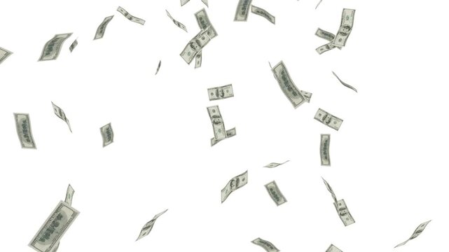 One Hundred Dollar Banknotes Explosion with Realistic Falling Cash, Flying Currency and Money Rain White Screen, Dynamic Financial Motion Graphic for Business, Finance, Investment and Wealth Concepts 