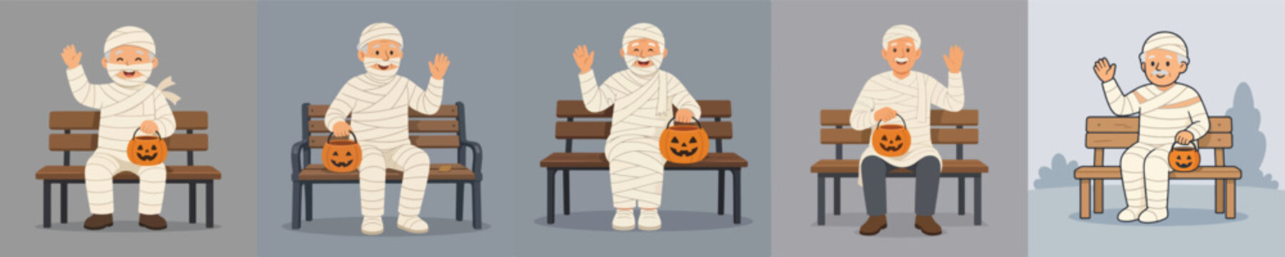 Flat vector illustration of a grandpa in a Halloween mummy costume sitting on park bench