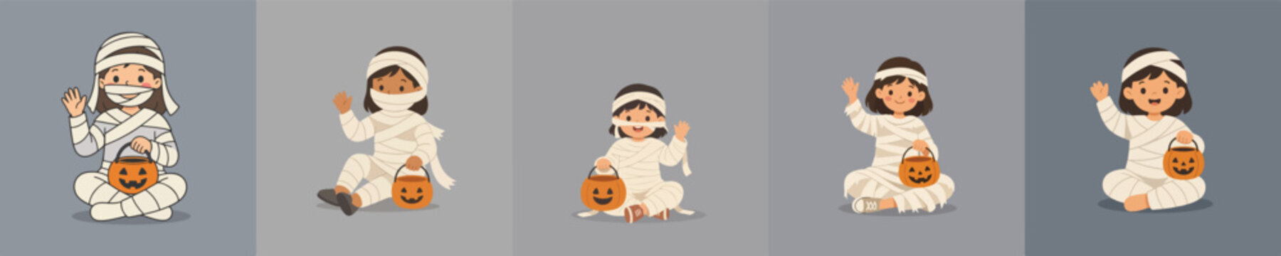 Flat vector illustration of a little girl in a Halloween mummy costume sitting on the floor and waving hand