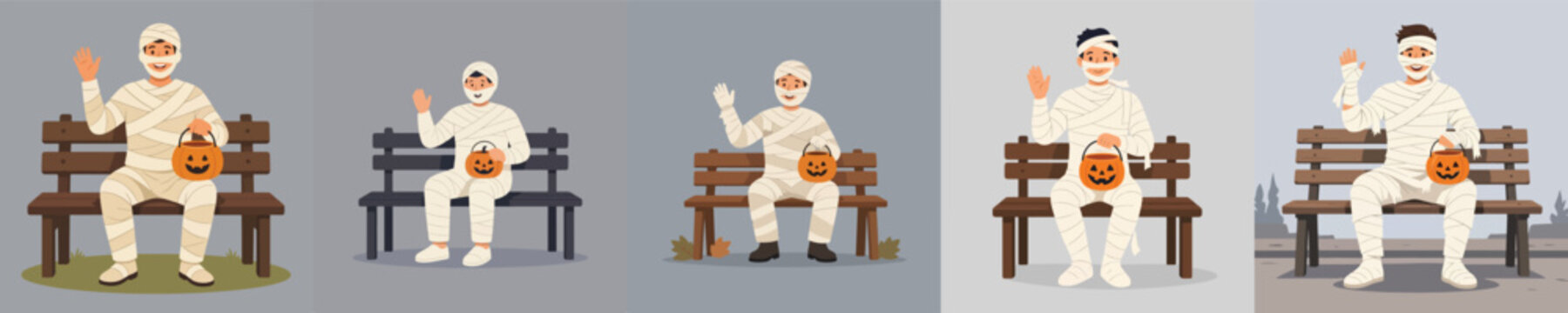 Flat vector illustration of a man in a Halloween mummy costume sitting on park bench