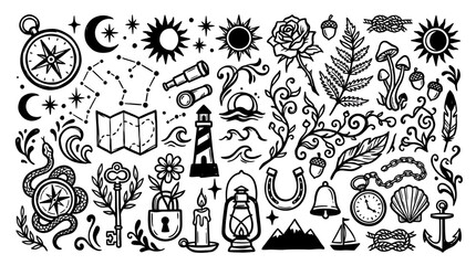 Collection of hand drawn adventure elements, celestial symbols, travel icons, nautical themes and vintage botanical illustrations in black and white sketch style © Crushin