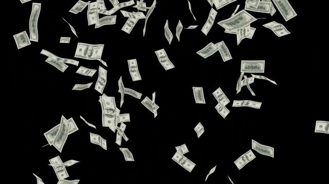 One Hundred Dollar Banknotes Explosion with Realistic Falling Cash, Flying Currency and Money Rain Black Screen, Dynamic Financial Motion Graphic for Business, Finance, Investment and Wealth Concepts 