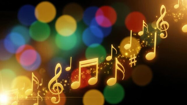 Musical notes glimmering against a bokeh backdrop, creating a festive, bright atmosphere and a