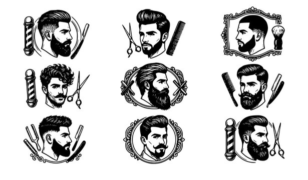 Hipster Hairstyles and Beard Styles Fashion Black White Vector Illustration Set