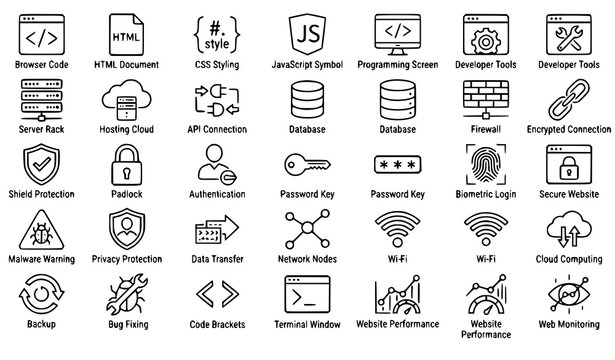 Web Development and Cybersecurity Thin Line Icon Set Black White Vector