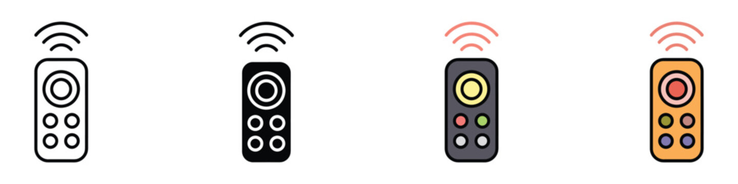Remote control icon set vector illustration. TV and smart device wireless controller symbols in outline, black glyph, dark color, and orange styles isolated on white background.