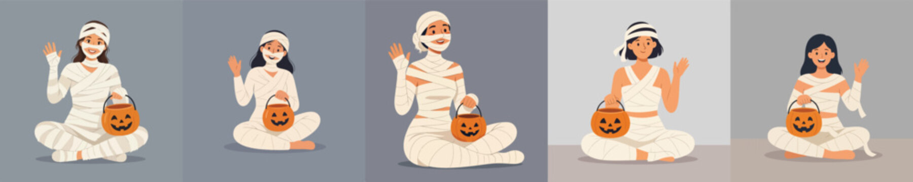 Flat vector illustration of a woman in a Halloween mummy costume sitting on the floor and waving hand