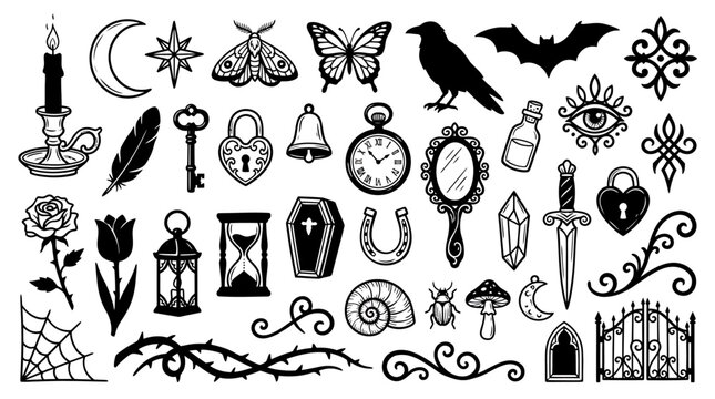 Gothic and mystical vector set featuring black and white occult elements, magic symbols, and vintage items