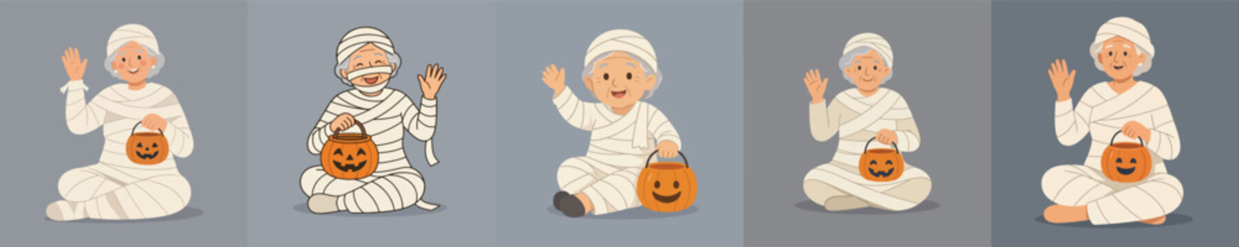 Flat vector illustration of a grandma in a Halloween mummy costume sitting on the floor and waving hand