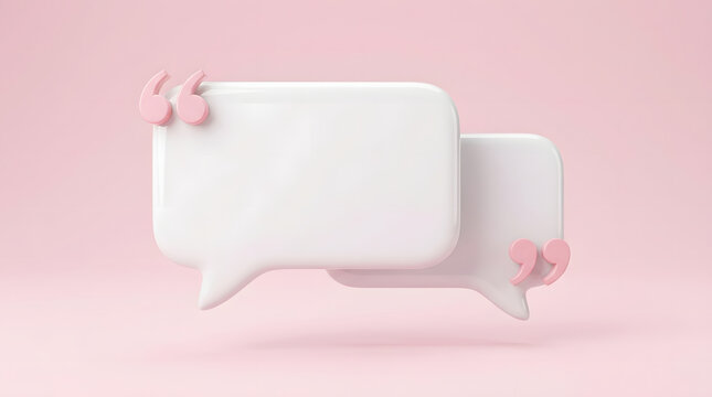 3D White Double Speech Bubbles with Pink Quotation Marks on Pastel Pink Background