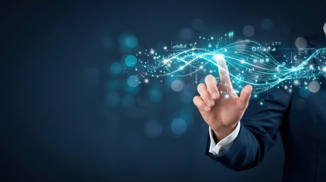 Businessman interacting with futuristic digital data stream, touching blue glowing wave of information, big data visualization concept, artificial intelligence and technology