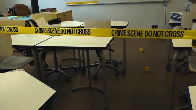 Yellow police tape reading crime scene do not cross securing an empty classroom with evidence markers on the floor, suggesting a violent event such as a school shooting or murder
