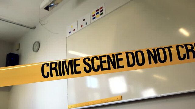 Yellow police line with the words Crime Scene Do Not Cross cordoning off a classroom with a whiteboard in the background. A serious investigation is underway in an educational environment