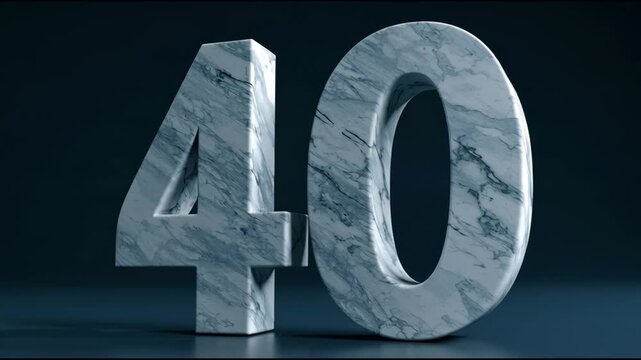 The number 40 is displayed in marble, rotating slowly while maintaining focus on the shape and texture against a dark setting.