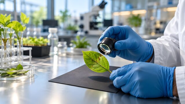 Scientist examining a diseased leaf in a laboratory