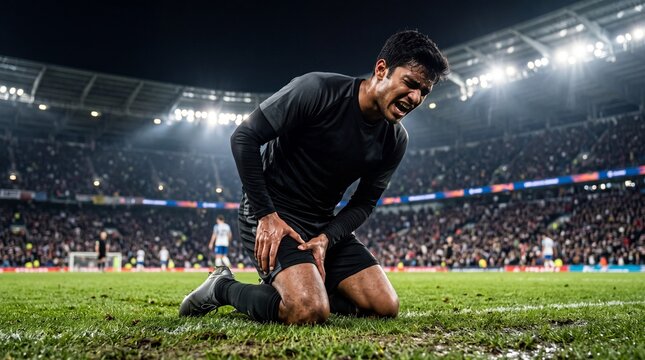 An injured soccer player kneels on the grass clutching his leg during a nighttime match