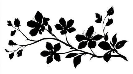 Fototapeta premium Elegant Floral Branch Silhouette with Blossoms and Leaves Isolated on White Background