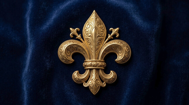Ornate fleur de lis symbol in golden metal displayed on dark blue velvet background. Fleur de lis represents royalty and heritage, showcasing intricate designs and craftsmanship.