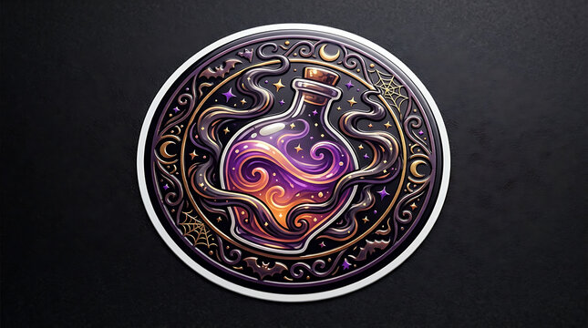 Halloween magic potion bottle sticker with purple smoke and ornate frame