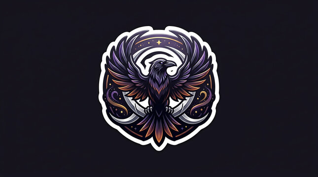 Halloween raven bird emblem with crescent moon isolated on transparent