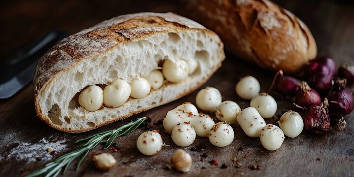 Rustic loaf of fresh crusty sourdough bread filled with pearl onions and rustic vegetable garnish