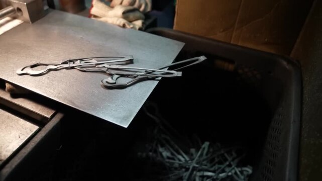 Freshly joined scissor halves rest on a steel plate above a bin of unfinished blades
