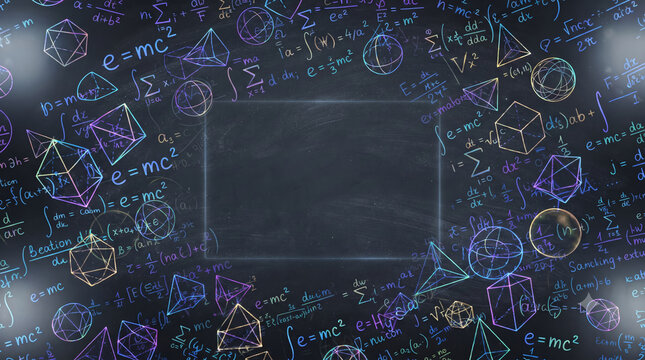 Dark chalkboard background with glowing math and physics formulas framing a central copy space. Perfect layout for science banners, academic promotions, and educational design concepts.   